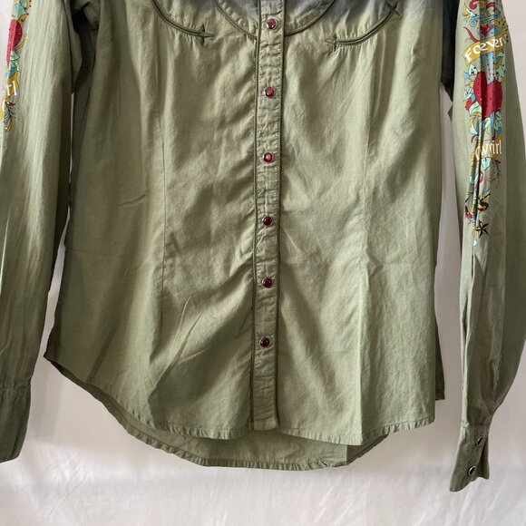 Pink Cattlelac Womens Green Pearl Snap Cowgirl Western Button Up Shirt Size S - Picture 3 of 8